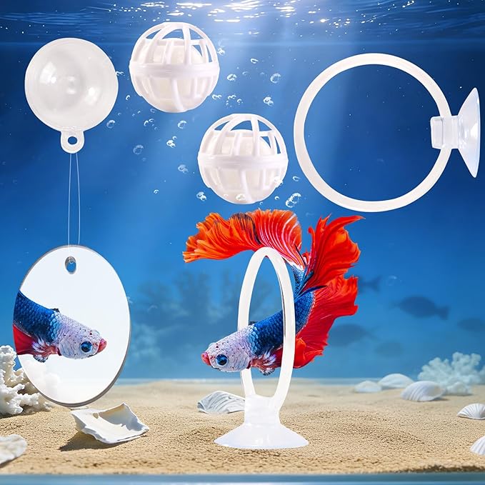 Betta Fish Toys, 2 PCS Fish Exercise Ring and Nitrifying Balls Set, Betta Mirror Toy Set, Feeding Ring with Suction Cup, Fishing Tank Accessories for Gifts (White)