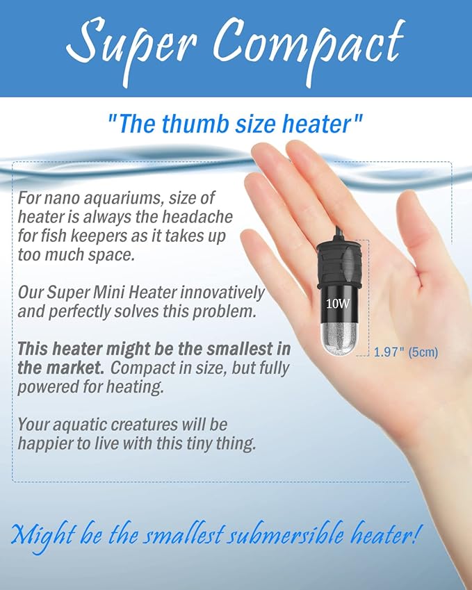 AquaMiracle Mini Aquarium Heater 5V/2A USB 10W Small Fish Tank Heater for Tanks up to 1 Gal, Digital Display Thermostat Betta Heater with Dry-Run & Overheat Protection, Memory Function