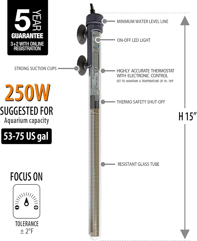 Sicce Scuba 250 Watt Aquarium Fish Tank Heater Preset at 77℉ for Up to 75 Gallons | 250W Submersible for Marine Saltwater and Freshwater | Run Dry Protection