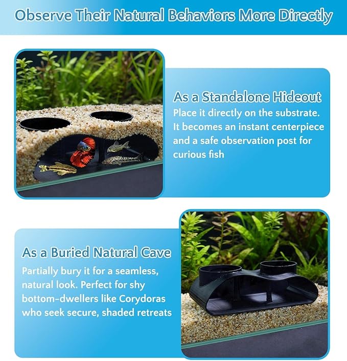 NUPICK Black Underground Aquarium Cave Tunnel, PETG 3D Printed Fish Tank Cave Hideout with Smooth Surface, Two-Hole Aquarium Tunnel, Fish Tank Decor for Bettas, Shrimp, Corys, Loaches, Guppie, Snails