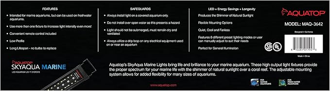 Aquatop SkyAqua Marine LED Saltwater Aquarium Light, 14000K Spectrum – Fits 36-42-Inch Tanks, 3 Position Toggle Switch & Included Remote Control, Aquarium Lights for Fish Tanks, UL & CSA