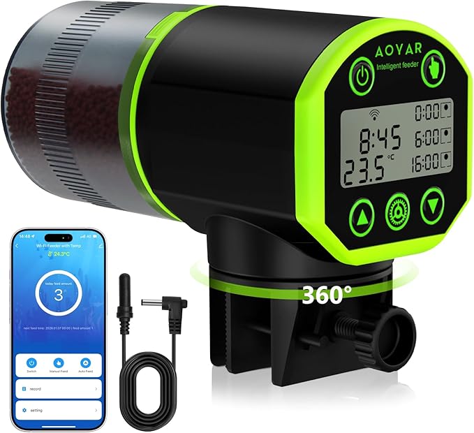 WiFi Automatic Fish Feeder for Aquarium: App-Controlled Auto Feeders for Tank Turtle Pond Betta with Water Temperature Monitoring & Alarm, Timed Auto-Feeding for Flake Pellet Vacation Weekend