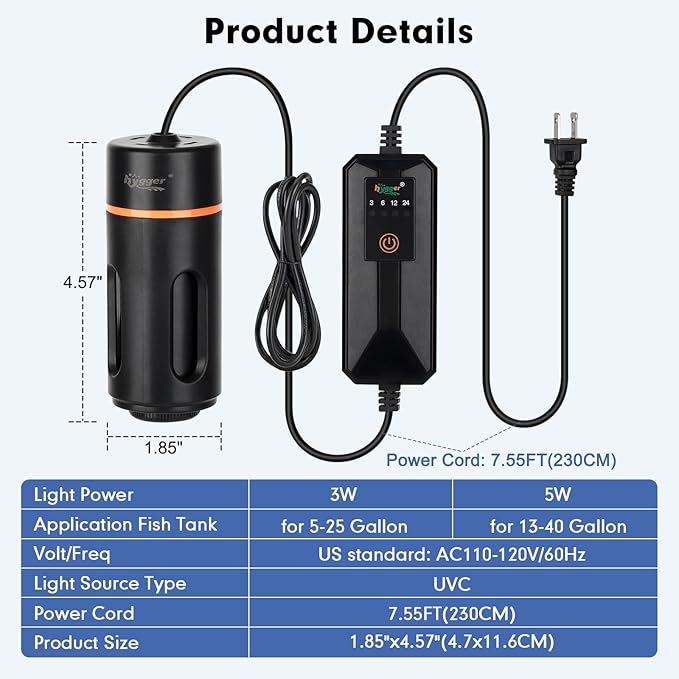 hygger Aquarium U-V Light with Timer, 360° Protective Shield Clean Light for Green Water and Algae Clean, Mini Algae Control Lamp for Freshwater and Saltwater Tank (5W for 13-40 Gallon)