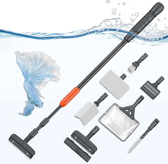 Pawfly Aquarium Cleaning Tools, 7 in 1 Fish Tank Cleaning Kit, Algae Scraper, Sponge Scrubber Pad, Brush, Gravel Rake & Fish Net with Adjustable Long Handle, Tank Cleaner Set
