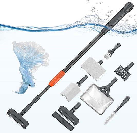 Pawfly Aquarium Cleaning Tools, 7 in 1 Fish Tank Cleaning Kit, Algae Scraper, Sponge Scrubber Pad, Brush, Gravel Rake & Fish Net with Adjustable Long Handle, Tank Cleaner Set