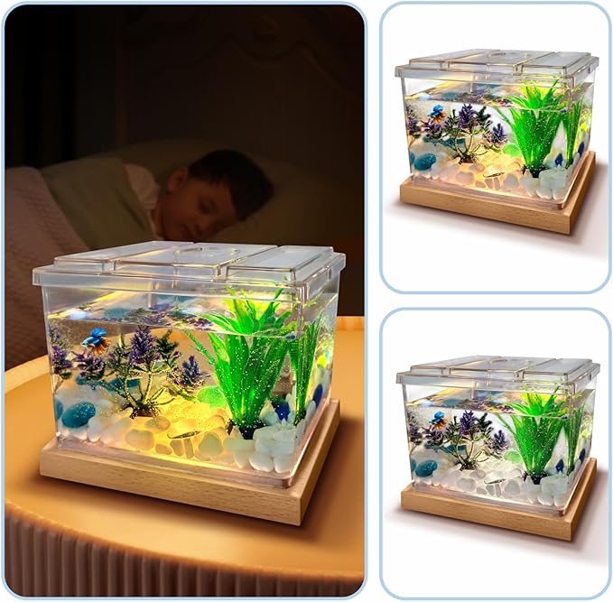 MoonOrange Mini Betta Fish Tank Kit with LED Light Base, Small Fish Bowl for Temporary Space, 0.2 Gallon Stackable Cube Tank with Artificial Plants for Small Fish, Insect, Shrimp, Crab, Spider (Kit-2)