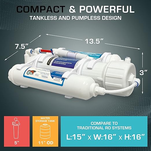 3 Stage Reverse Osmosis Countertop Portable Tank-Less Space Saver Water Universal Filtration System for Drinking Water or Aquarium Fish Tank Filter NSF Certified 50 GPD Membrane Removal Rate 98%