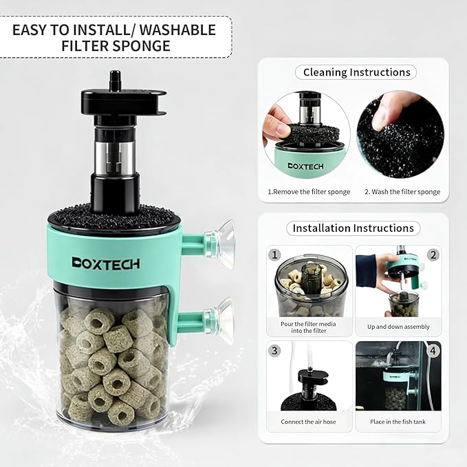 UPETTOOLS Aquarium Filter, Small Fish Tank Filter Submersible Fish Filter with Built-in Air Bubble Stone and Bio Balls Suitable for Fish Tanks up to 5-15 Gallons (Air Pump Not Included)