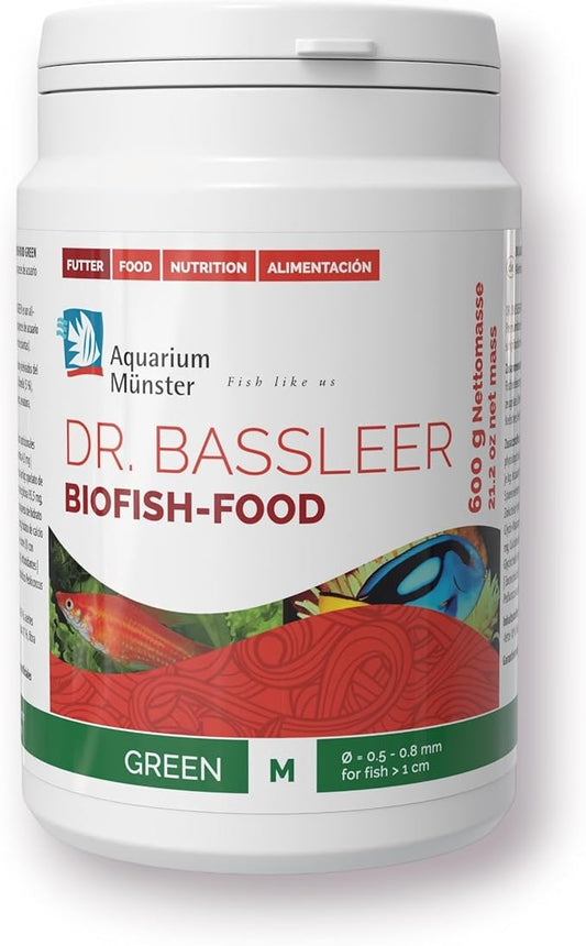 Bassleer Dr Biofish Food Green - Premium Granulated Fish Food for Herbivores, Enriched with Moringa and Chlorella, Suitable for Fresh & Marine Water (Med, 600g)