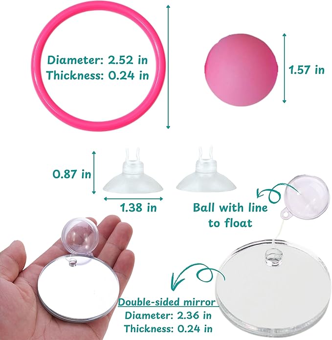 Betta Fish Enrichment Toys Ring with Mirror and Floating Ball, Exercise Mirrors and Training Ring, Floating Mirrors Aquarium with Feeding Rings, Betta Fish Tank Accessories (Pink+Mirror+Ball, 6.4cm)