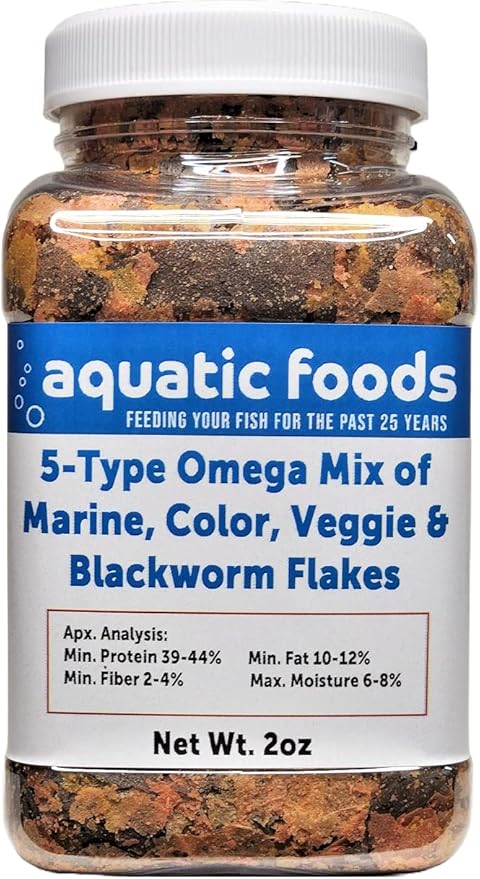 5-Type Custom Omega Flake Mix of Cichlid, Marine, Color Enhancing, Veggie & 45% Blackworm Flakes for All Community Tropical Fish. Aquatic Foods Flakes …2oz Small Jar