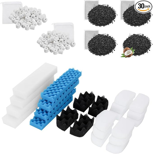 30 Pack Replacement Filter Media Kit Compatible with Fluval 406/407 Aquarium Filters, Including Bio Ceramic Rings, Activated Carbon, Blue, White & Black Bio Foam Value Pack