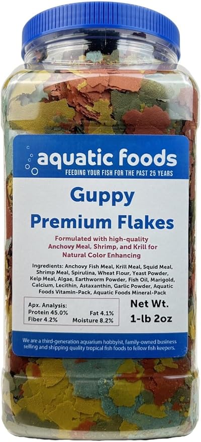 Guppy & Endler Guppy Premium 5-Type Flake Mix for Guppies, Endlers, Tetras, All Tropicals. Aquatic Foods Premium Guppy Flakes…1-lb 2oz Lg Jar