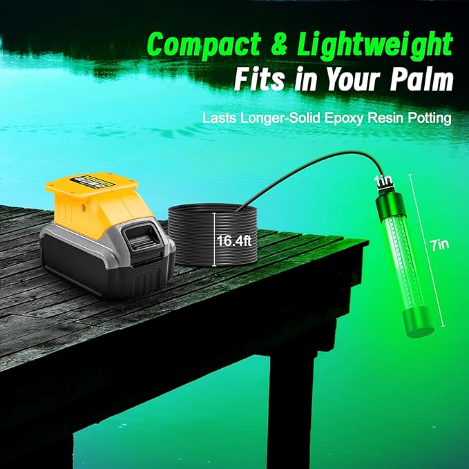 LED Underwater Fishing Light Compatible with for DeWalt 20V Battery, 1300 Lumens, Green IP68 Waterproof Aluminum Super Bright LED Submersible Fish Attractor Light for Night/Ice/Boat Fishing(TOOL ONLY)