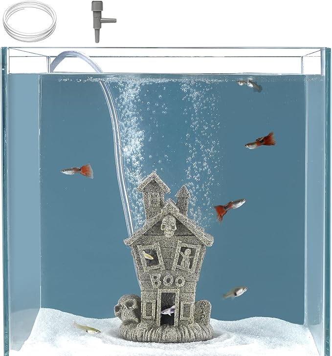 Carefree Fish Aquarium Haunted House Halloween Ghost Bubbler Decor Fish Hide-Out Ornament with 3Ft Tubing and Tiny Air Stone（No Included Air Pump