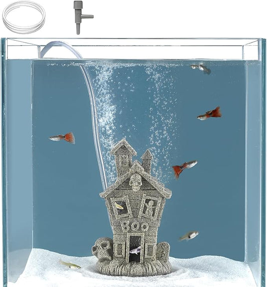 Carefree Fish Aquarium Haunted House Halloween Ghost Bubbler Decor Fish Hide-Out Ornament with 3Ft Tubing and Tiny Air Stone（No Included Air Pump