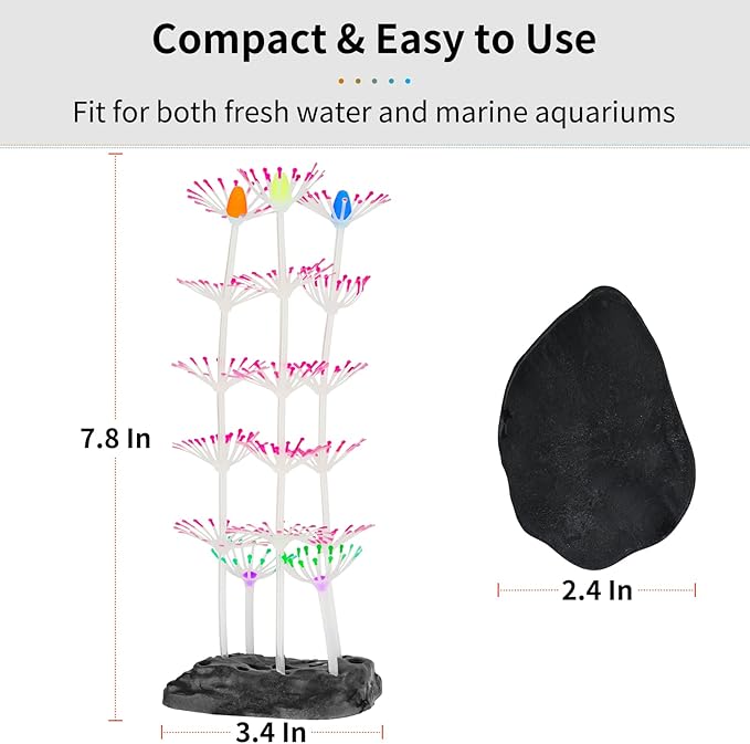 Uniclife Aquarium Imitative Rainbow Sea Urchin Ball and Pink Strip Coral Plant Ornament Artificial Silicone Ornament with Glowing Effect for Fish Tank Landscape Decoration