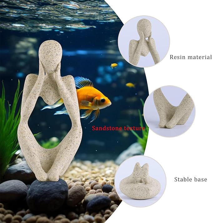 Fish Aquarium Decor Ornaments Minimalist Sandstone Resin Thinker Statue Fish Tank Decorations Small Accessories Abstract Home Decor Fish Toy for Betta Cichlid Goldfish Shrimps Hermit Crabs Turtle