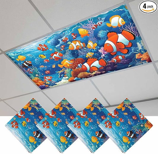Marine Organism 4PCS Fluorescent Light Covers - Lampshade Ceiling Lights with 10 Magnets Fixtures, Underwater World Fish Coral Light Filters Cover Panel for Soften Glare Indoor Spaces Supplies