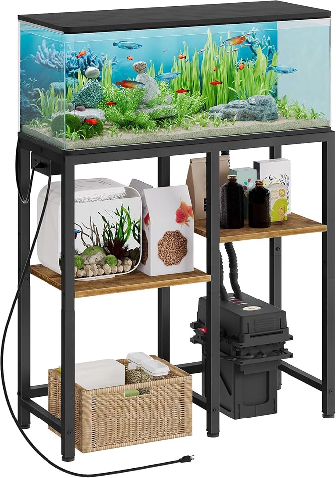 YATINEY 20-29 Gallon Fish Tank Stand with Power Outlet, Aquarium Stand Storage Organizer, Heavy Duty Terrarium Stand for Living Room, Home Office, Black and Rustic Brown FT01UBR