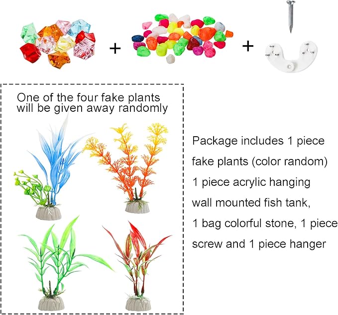 WUWEOT Hanging Fish Bowl, 9'' Acrylic Wall Mounted Fish Tank, 0.5 Gallon Hydroponic Air Plant Flower Pot, Transparency Bubble Vase Mini Aquarium Planter with Fake Plants and Colorful Stone