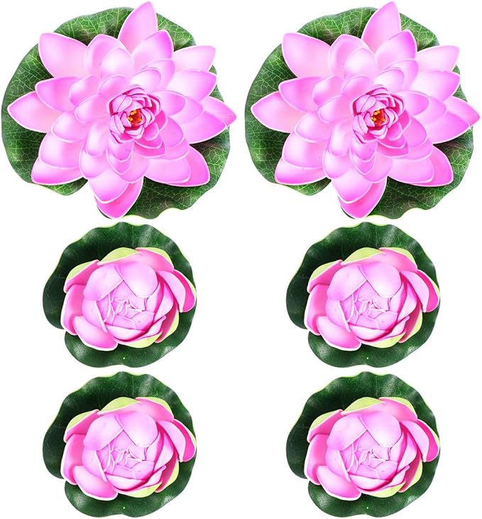 POPETPOP 6PCS Lotus Fake Pond Plants - Artificial Floating Water Lily Lotus Pool Decor - Realistic Water Lily Pads for Home Outdoor Patio Aquarium Wedding Party Decorations