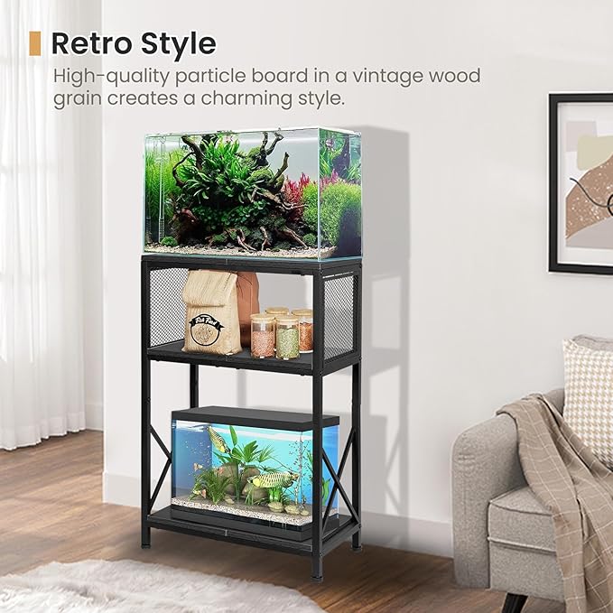SwaaVee 10 Gallon Fish Tank Stand, Heavy-Duty 3-Tier Metal Storage Cabinet, Rustic Brown Aquarium Stand for Fish, Turtle & Reptile Terrariums (Rustic Black)