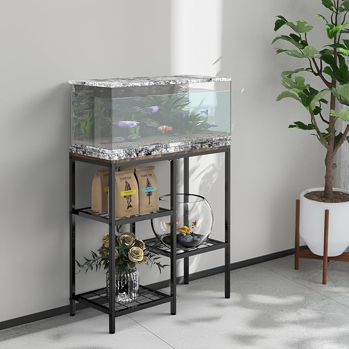 20 Gallon Aquarium Stand, 3 Tier Metal Fish Tank Stand with Shelves, Reptile Tank Stand for Accessories Storage, Turtle Terrarium Stand for Home Office,29.13" L x 12.2" W Tabletop, Brown