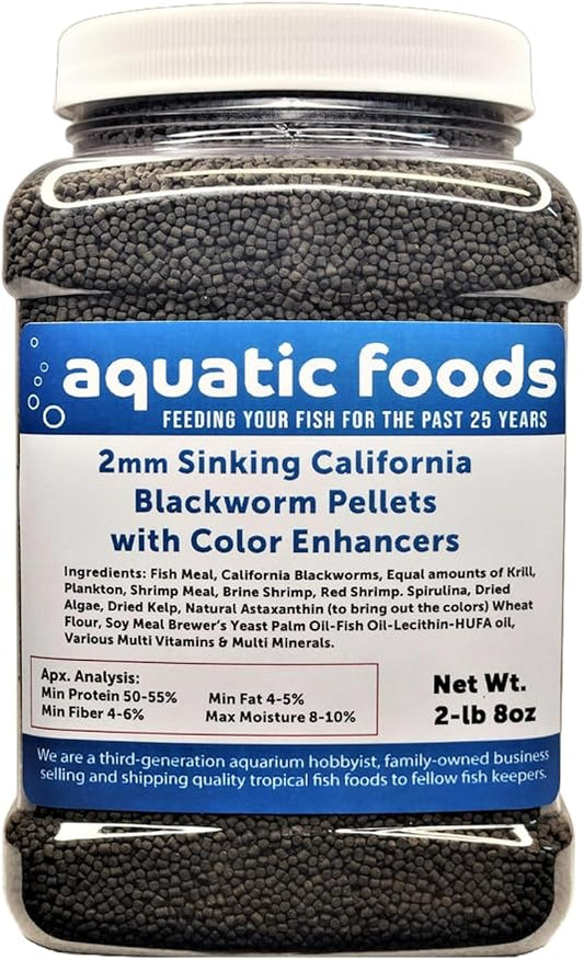 2mm Sinking Blackworm Pellets with Color Enhancers & Vitamins for Shrimp, Snails, Crayfish, Catfish, All Bottom Grazers, Small Discus, Cichlids, Community Fish, Tropical and Pond Fish…2-lb 8oz Med Jar