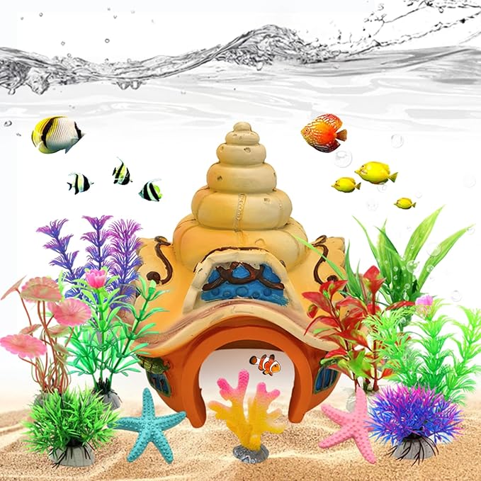Fish Tank Decorations kit, Aquarium Decor Sea Shell House x 1pc, Fish Tank Accessories Aquatic Plants x 8pcs, Starfish x 2pcs, Coral x 1pcs.