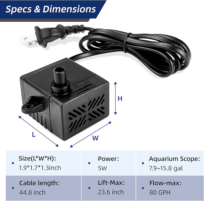 80GPH 5W Small Water Pump for Fountains: Low Noise, Compact, and Convenient Design for Small aquariums, fish tanks, pet water dispensers, desktop fountains, and other similar equipment