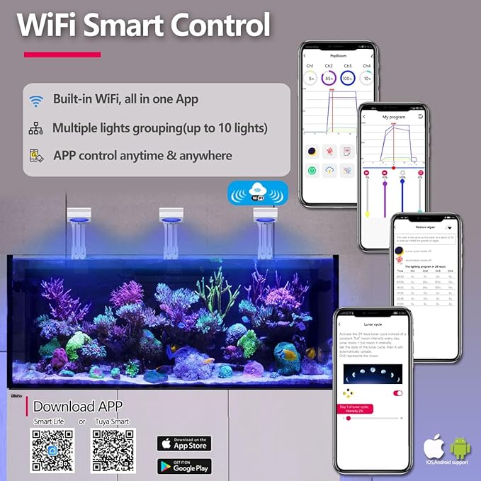 PopBloom RL90 iOS/Android App Control Saltwater Reef Aquarium Light 72 inch Aquarium LED WiFi Lights LED Coral Reef Lighting for 180-220cm Tank