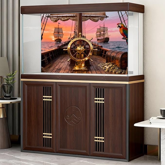 Sunset Ancient Sailing Boats Aquarium Background Luxurious Steering Wheel Treasure Chest Coins Wooden Sailboat Fish Tank Background Ocean Seascape Terrarium Backgrounds for Tank Decors 36x24in