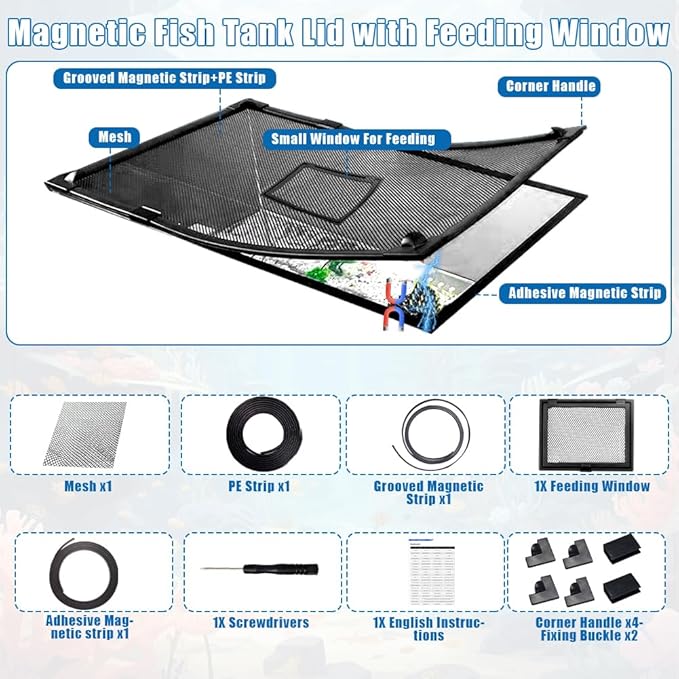 Magnetic Fish Tank Lid with Feeding Window, SEILETOO High Transparency Fish Tank Cover, Aquarium Lid Can be Cut to Any Size, Fish Anti Jumping Net