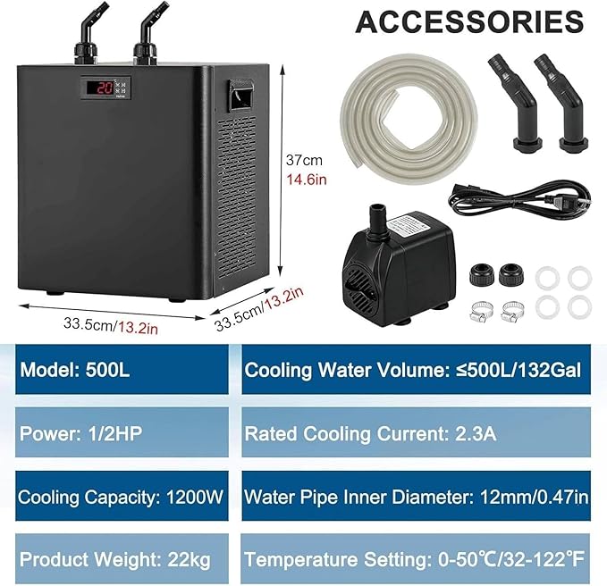 160L/300L/500L/1000L Aquarium Chiller, 1/10HP 1/3HP 1/2HP 1HP Active Aqua Water Chiller, Fish Tank Chiller for Hydroponics Systems, for Fresh and Saltwater Fish Tank,ForFishTankOnly-500L/132Gal