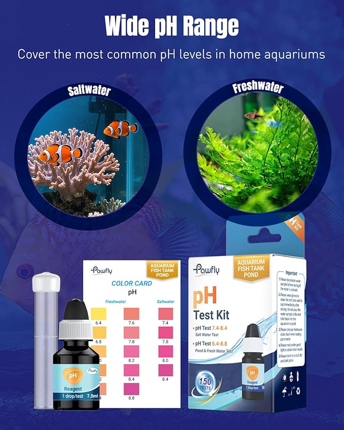 Pawfly Aquarium pH Test Kit, Accurate Fish Tank pH Testing Kit, Easy-to-Read pH Water Test Kit with Test Tube & Color Chart, Aquarium Liquid Test Kit for Freshwater & Saltwater