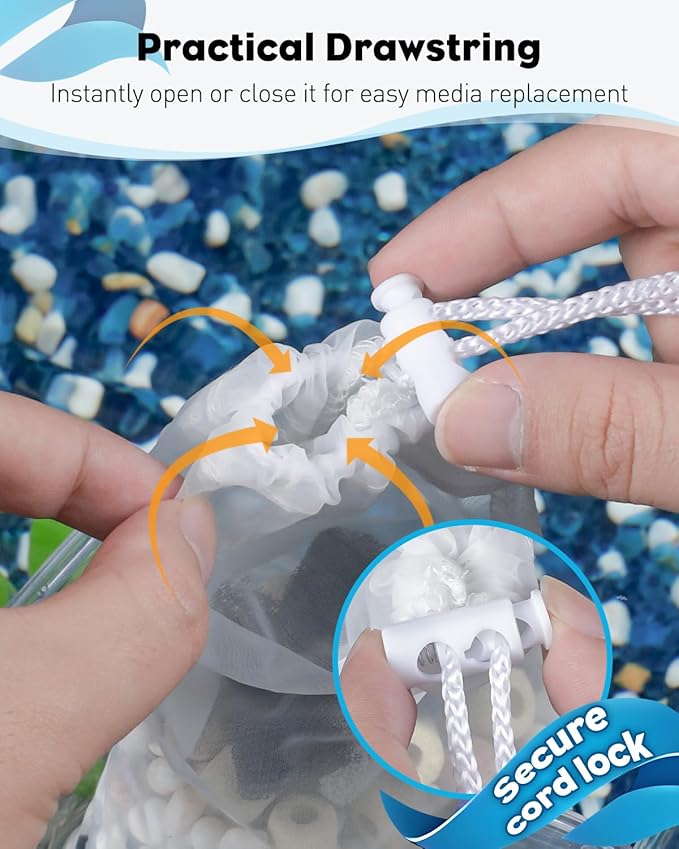 Pawfly 8 Pack Aquarium Filter Media Bags with Drawstring 150 Micron Aquarium Mesh Bag for Fine Resins, Activated Carbon, Bio Filter Balls, Ceramic Rings (8.5" x 3.2")