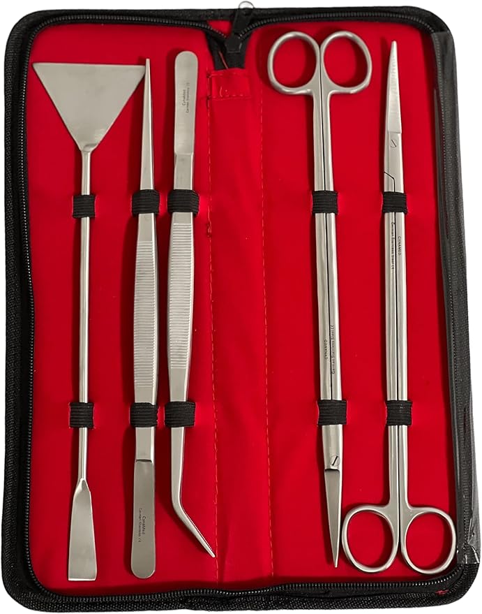 GERMAN FISH AQUARIUM CLEANING KIT STAINLESS 5PCS WITH POUCH BASIC TOOLS SCISSORS TWEEZERS SPATULA CYNAMED