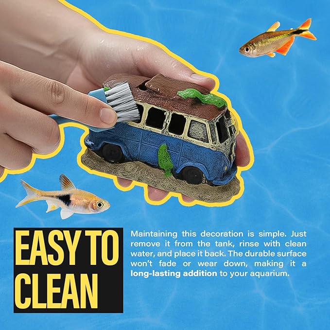 Colorful Resin Fish Tank Ornament with Multiple Hiding Spots, Safe Shelter for Small and Medium Aquariums, Stress-Relief Underwater Decor, Easy to Clean (Old Bus)