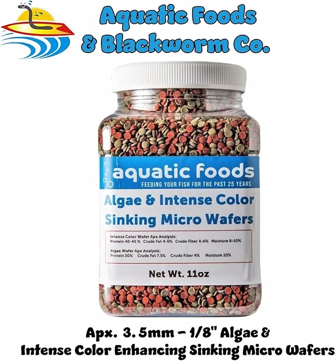 3.5mm - 1/8" Micro Wafer Mix of Spirulina Algae & Intense Color Enhancing Sinking Micro Wafers for Catfish, Plecos, Bottom Fish, Shrimp, Crabs, All Tropical Fish..11oz Small Jar