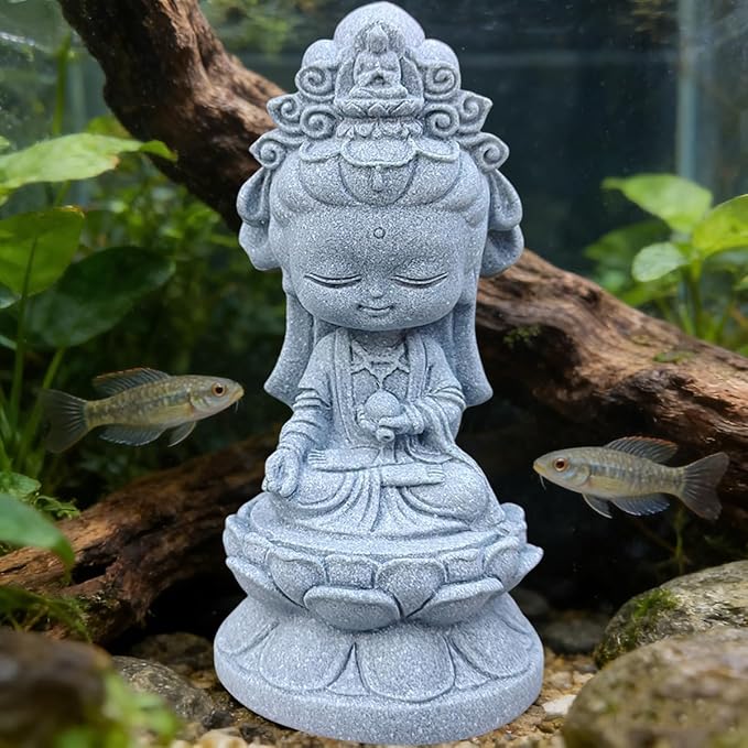 livelyfish Small Guanyin Buddha Statue Quanyin Figurine Sandstone Decorative for Fish Tank Aquarium Decor, (Gray)
