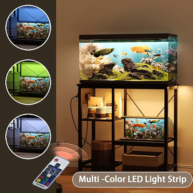 BEURUKU 20-29 Gallon Fish Tank Stand with Power Outlet & LED Light, Metal Aquarium Stand with 3 Tier Adjustable Storage Shelves, Tank Stand for Reptile Tank, Turtle Tank, 30.7" L*13.8" W, Black