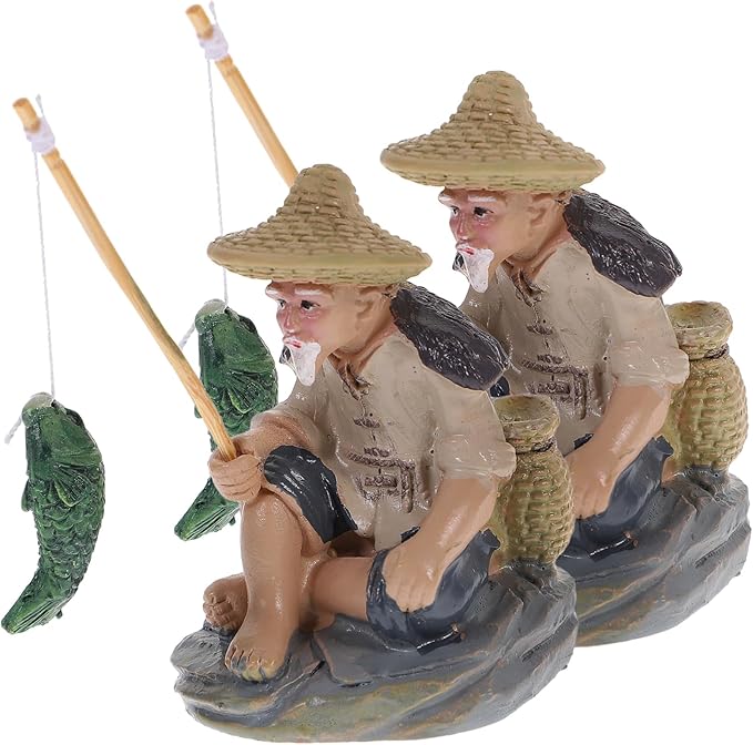 2pcs Fisherman Figurine Garden Decoration Realistic Resin Ornaments for Aquarium and Sand Table Decor for Indoor and Outdoor Use Random