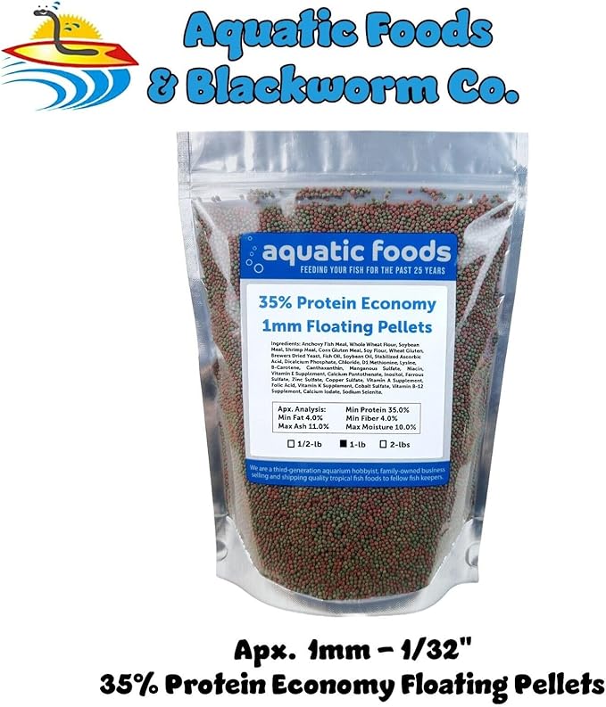 1mm - 1/32, 35% Protein Economy Floating Pellets for All Community Fish, Tetras, Guppies, Angel Fish, Cichlids, Goldfish. All Tropical Fish - WL…1-lb Foil Pouch Bag