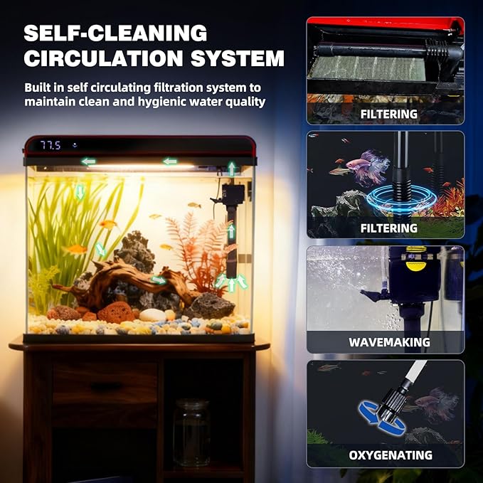 Coospider 10 Gallon Glass Fish Tank, Aquarium Starter Kit, Simple Self-Cleaning Aquarium with 3-Color LED Lights, Quiet Filter Pump, Temperature Monitoring for Fish, Shrimp, Kids Gift Ideas