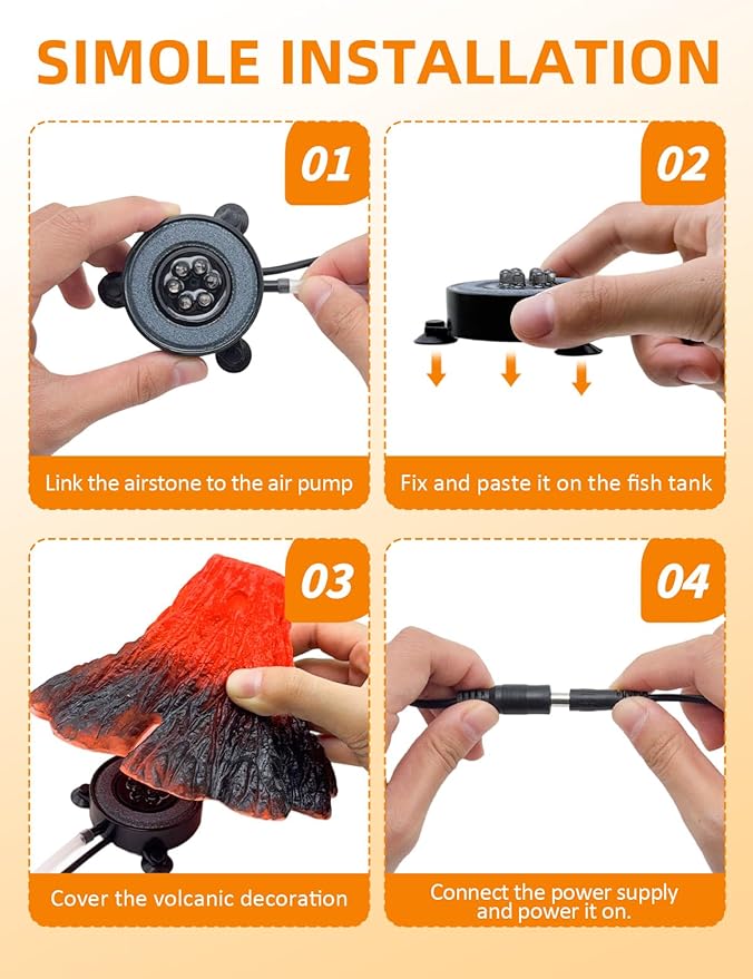 Aquarium Volcano Ornament Kit,Bubbler Decoration for Fish Tank Resin Volcanic Decoration with Air Stone Bubbler Colorful LED Light