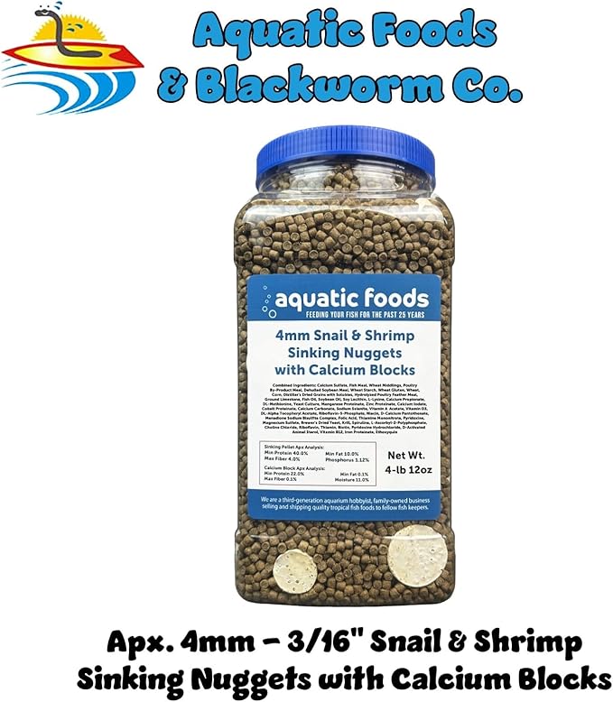 Calcium Blocks Included in Snail & Shrimp 4mm Sinking 40% Protein Nuggets. Ideal for All Snails, Shrimp and Bottom Tropical Fish…4-lbs 12oz Jar