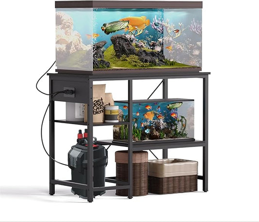 BEURUKU 40-50 Gallon Fish Tank Stand with Power Outlet & LED Light, Metal Aquarium Stand with 3 Tier Adjustable Storage Shelves, Tank Stand for Reptile Tank, Turtle Tank, 36" L*18.5" W, Black