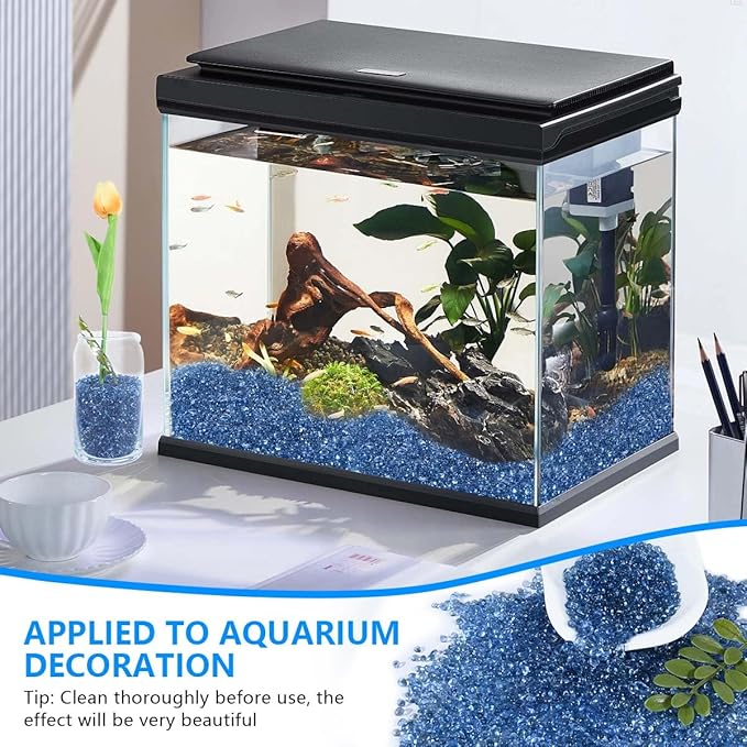 KISEER Clear Aquarium Glass Stone Bulk 1 LB Sea Glass Beads Gems Marbles Pebbles Gravel Rock for Aquarium, Fish Tank, Garden, Vase Fillers, Succulent Plants Decor (Sea Blue)
