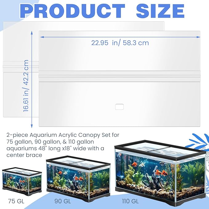 Juexica Aquarium Lids Acrylic Canopy 2 Pieces Set 22.95 x 16.61 x 0.28 Inch for 75/90/110 Gallon with Center Brace Aquariums Cover Fish Tank Lid with a Hook Knife, Clear